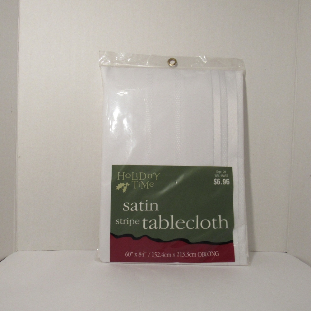 Holiday Time Satin Stripe Fabric Tablecloth, White, 60x84, Soil-Release RN:52469